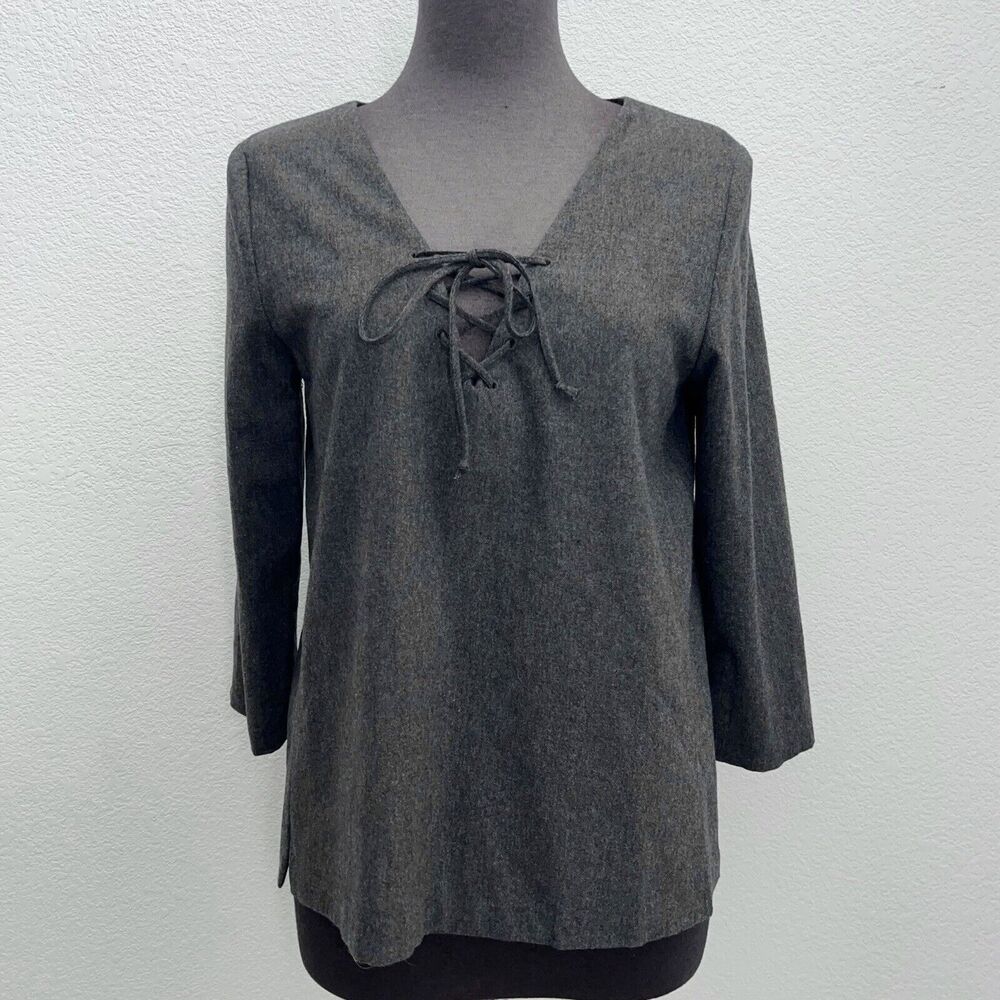 Sezane Blouse Top Women Grey FR 36 US 4 V-Neck 3/4 Sleeve lined Twill